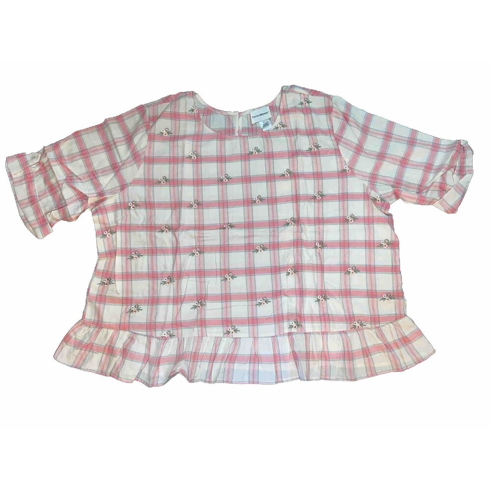 Denim Moves Women’s 4X Pink Rosette Plaid Cotton Shirt Shirt Roll Tab Sleeve